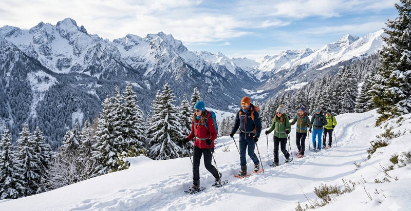 Piccolo gruppo durante una ciaspolata Val Brembana a San Simone tra boschi e montagne innevate