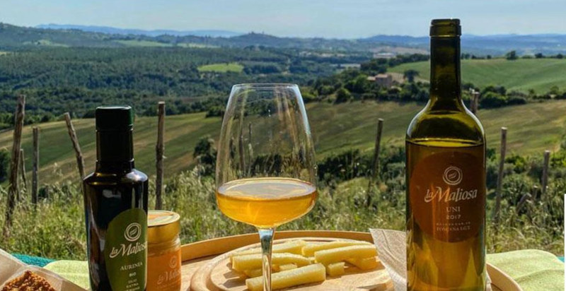Degustazione di vini naturali con formaggi e salumi tipici toscani