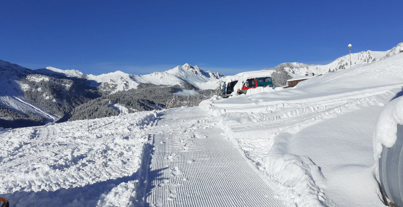 Escursione in motoslitta a Sauris con vista sul Monte Pura innevato