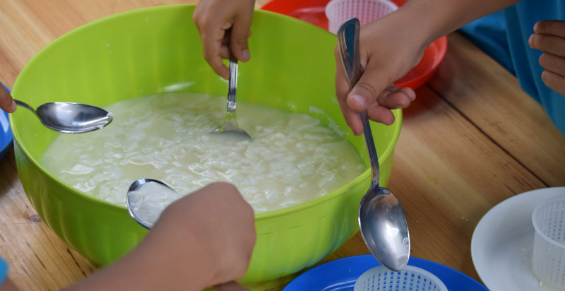 Bambini imparano a fare il formaggio in fattoria didattica