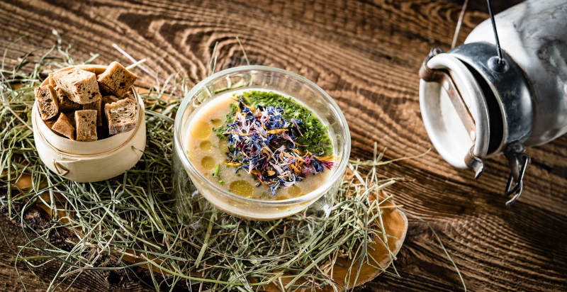 Zuppa tradizionale altoatesina servita con pane di segale croccante 