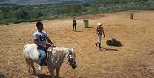 Insegnante equestre che guida un allievo in sella a cavallo