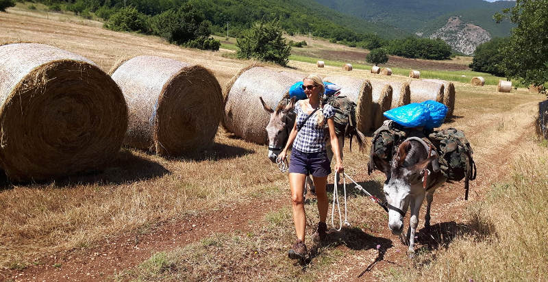 Escursionista con gli asinelli tra i paesaggi dell'Abruzzo